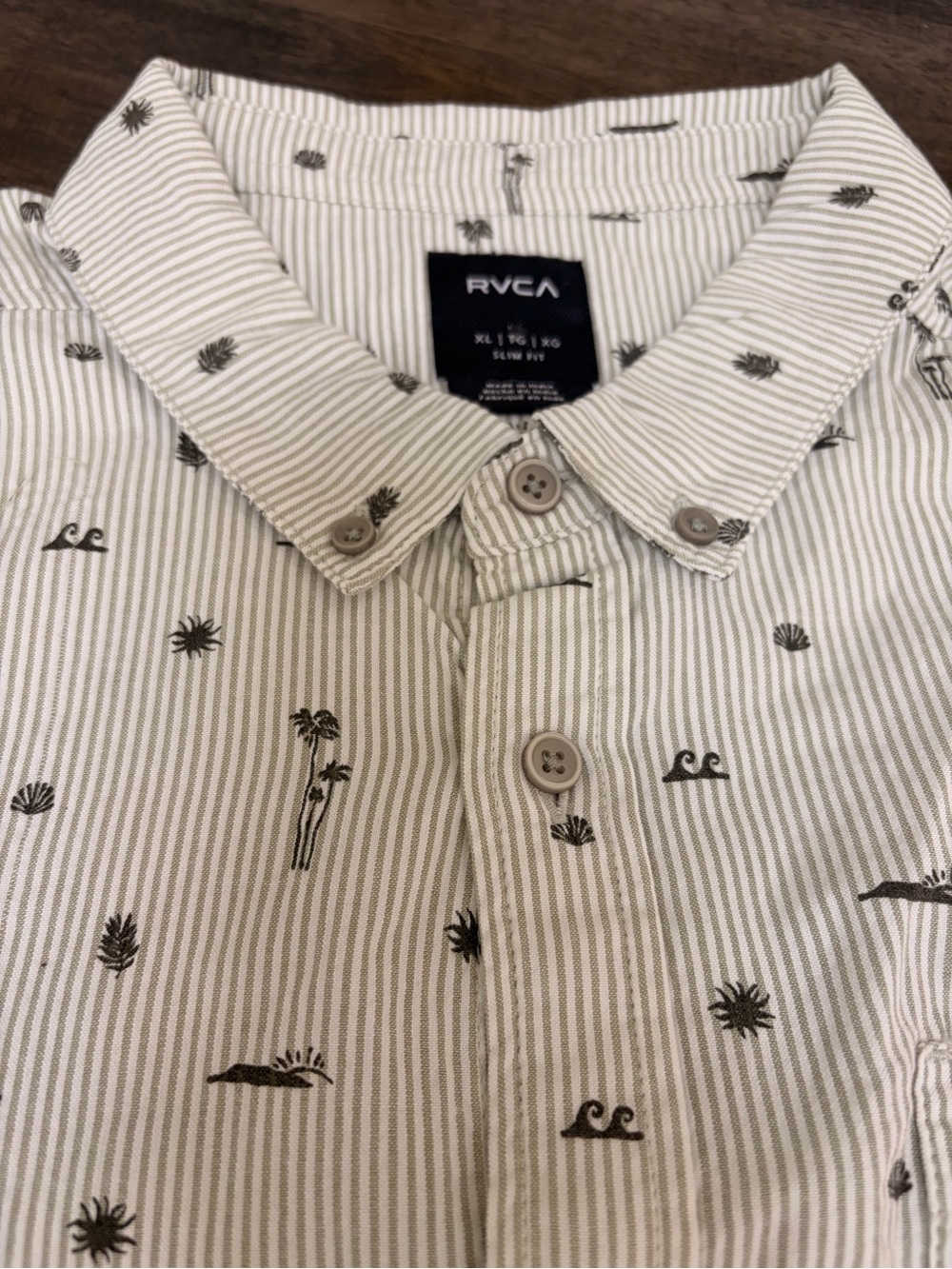 RVCA Men's Cream and Black Striped Button-Down Shirt with Tropical Motif